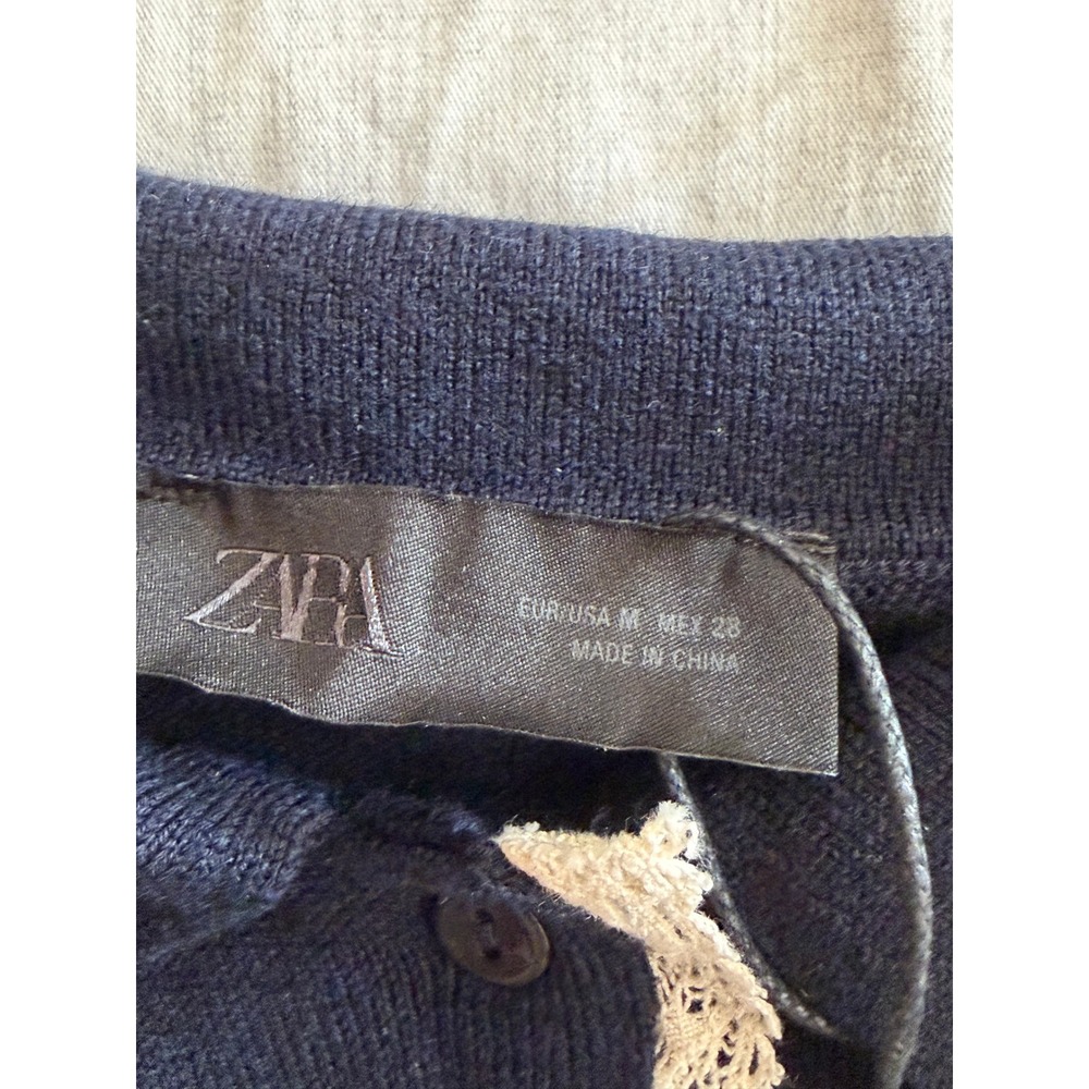 Zara Knit Button Down Sweater Womens Medium Navy Lace Trim Short Sleeve Polo - Picture 4 of 9